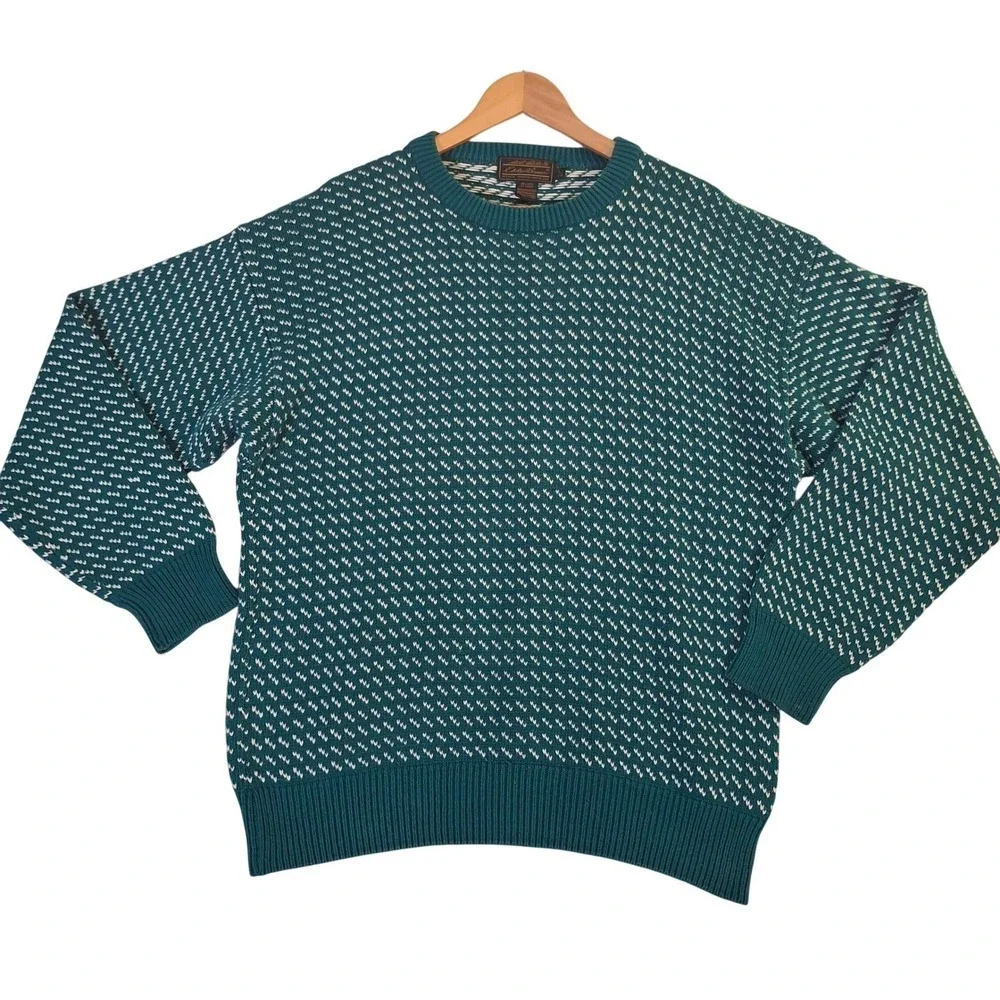 Vintage 90s Eddie Bauer Birds Eye Sweater Men's Large Green Crewneck Knit Cotton